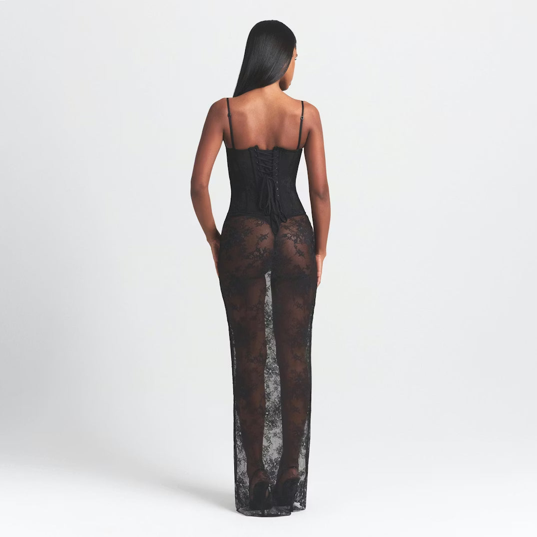 Black strapless corset long dress with lace detailing and sheer panels — Skims | Endless UAE