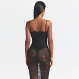 Black strapless corset long dress with lace detailing and sheer panels — Skims | Endless UAE