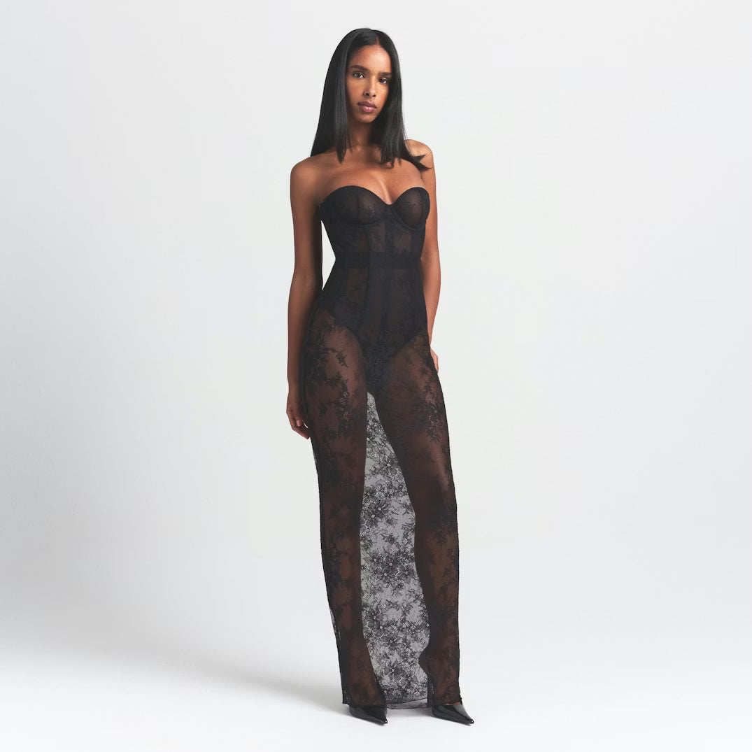 Black strapless corset long dress with lace detailing and sheer panels — Skims | Endless UAE