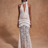 White lace halter maxi dress with ruched waist detail and floral pattern — De La Vali | Endless UAE