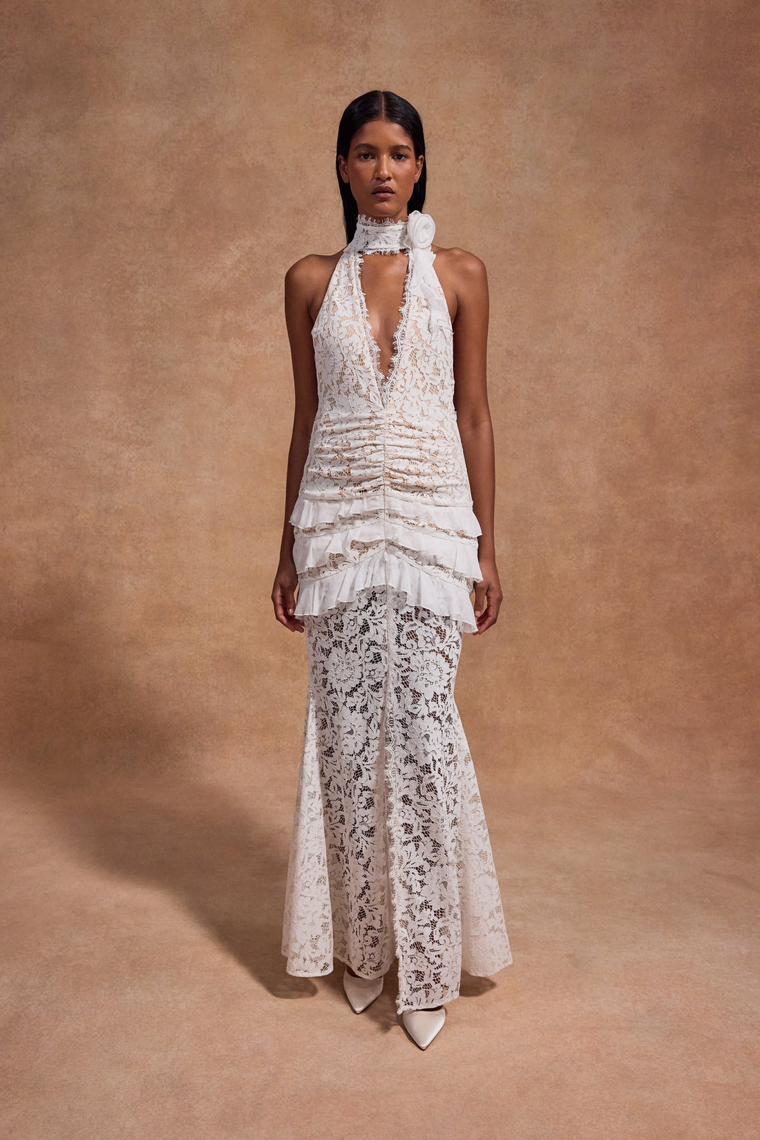 White lace halter maxi dress with ruched waist detail and floral pattern — De La Vali | Endless UAE