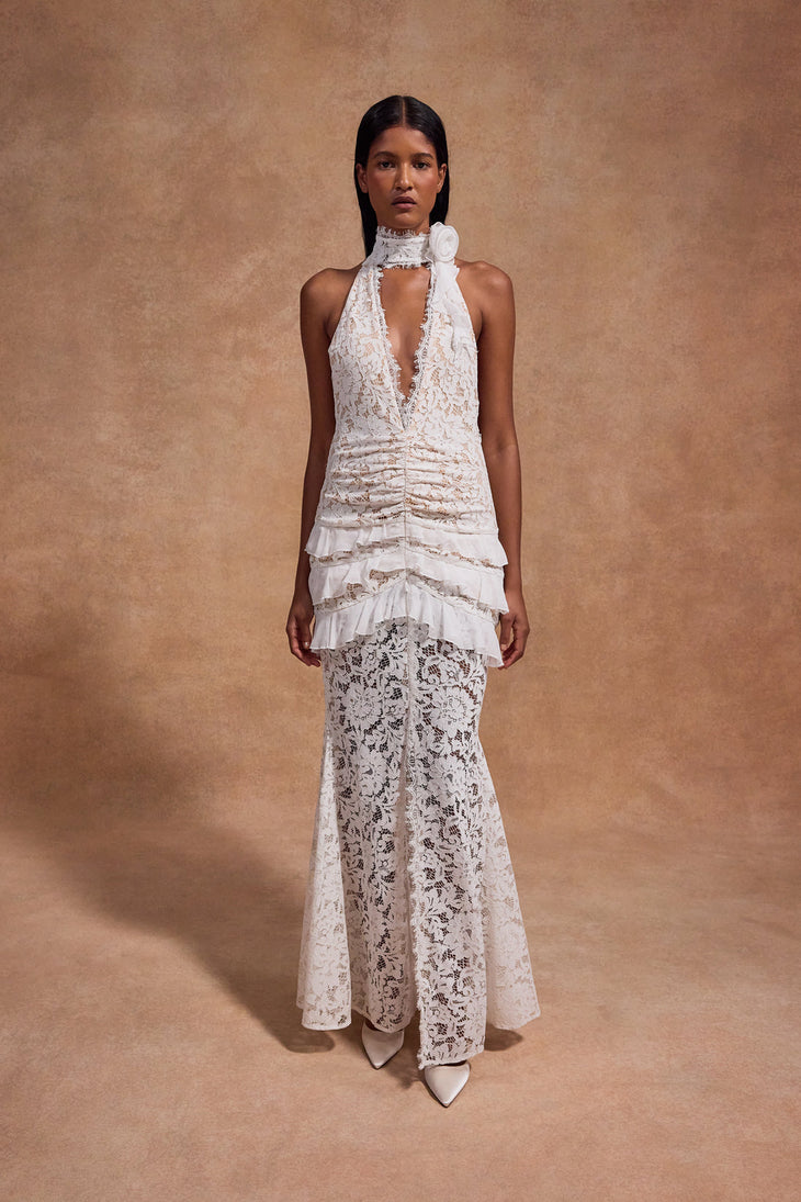 White lace halter maxi dress with ruched waist detail and floral pattern — De La Vali | Endless UAE
