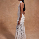 White lace halter maxi dress with ruched waist detail and floral pattern — De La Vali | Endless UAE