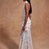 White lace halter maxi dress with ruched waist detail and floral pattern — De La Vali | Endless UAE