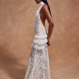 White lace halter maxi dress with ruched waist detail and floral pattern — De La Vali | Endless UAE