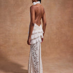 White lace halter maxi dress with ruched waist detail and floral pattern — De La Vali | Endless UAE
