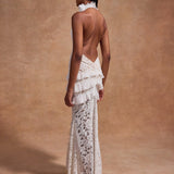 White lace halter maxi dress with ruched waist detail and floral pattern — De La Vali | Endless UAE