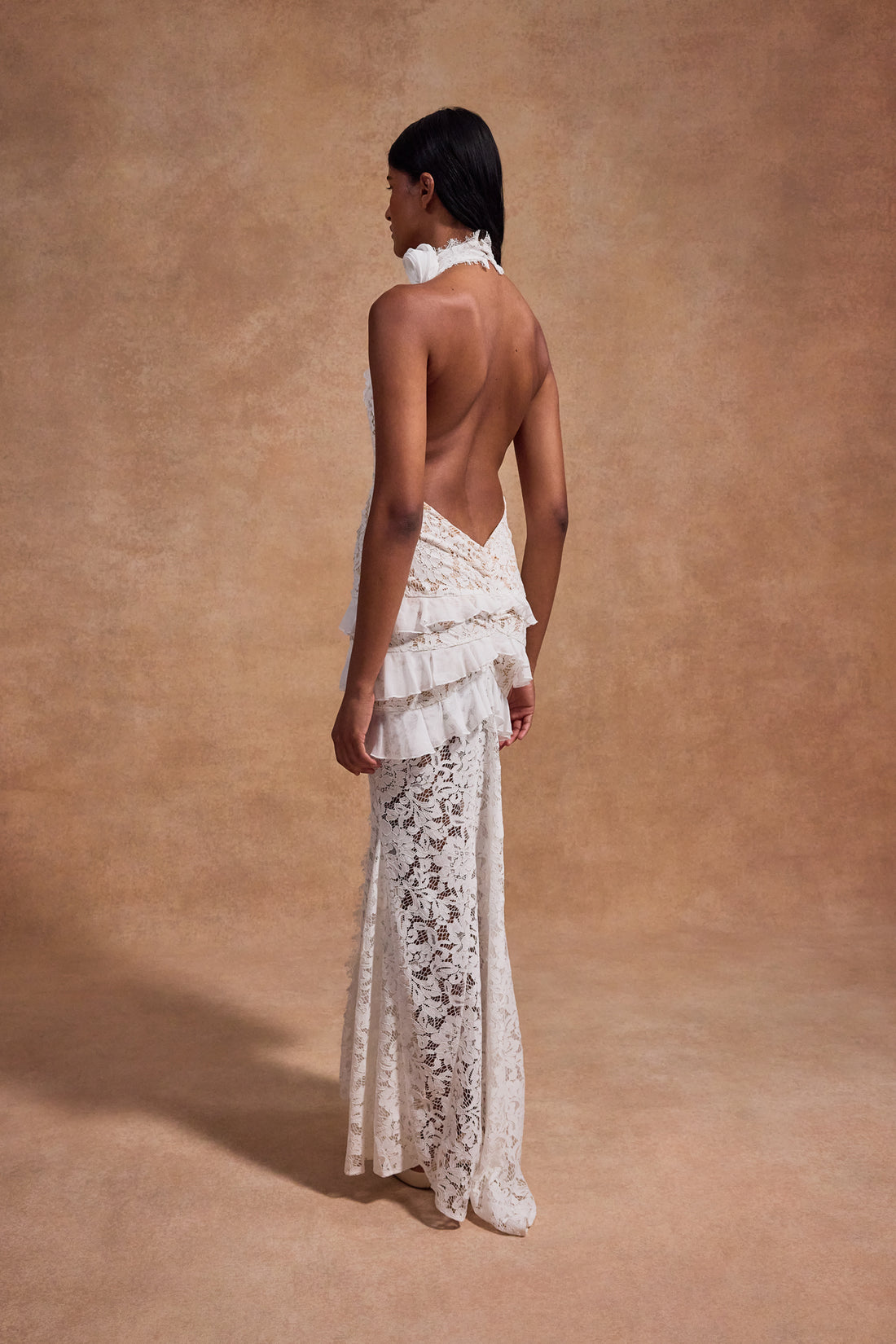 White lace halter maxi dress with ruched waist detail and floral pattern — De La Vali | Endless UAE