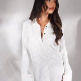 White pinstriped shirt dress styled as mini dress with pointed toe heels — Deme Studio | Endless UAE