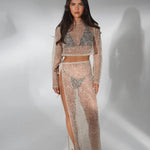 Lacey Co-ord Set in nude lace with long sleeves and high slit skirt — Deme Studio | Endless UAE