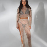 Lacey Co-ord Set in nude lace with long sleeves and high slit skirt — Deme Studio | Endless UAE