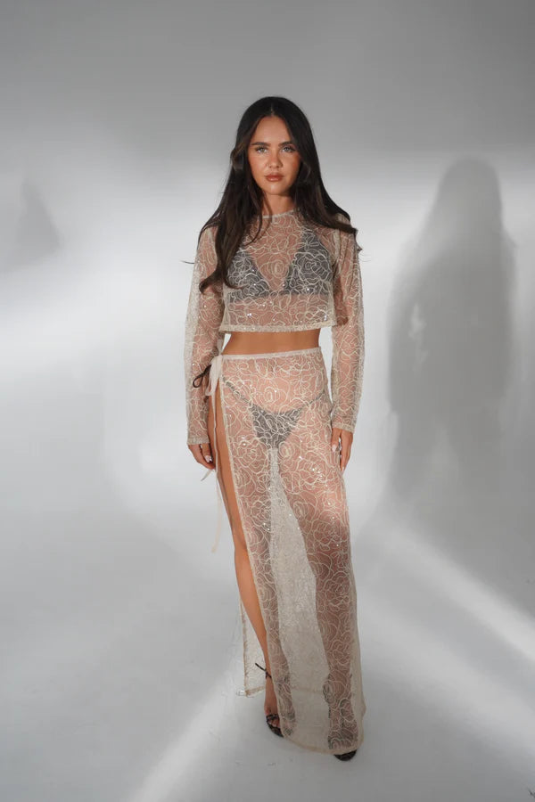 Lacey Co-ord Set in nude lace with long sleeves and high slit skirt — Deme Studio | Endless UAE