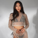 Lacey Co-ord Set in nude lace with long sleeves and high slit skirt — Deme Studio | Endless UAE