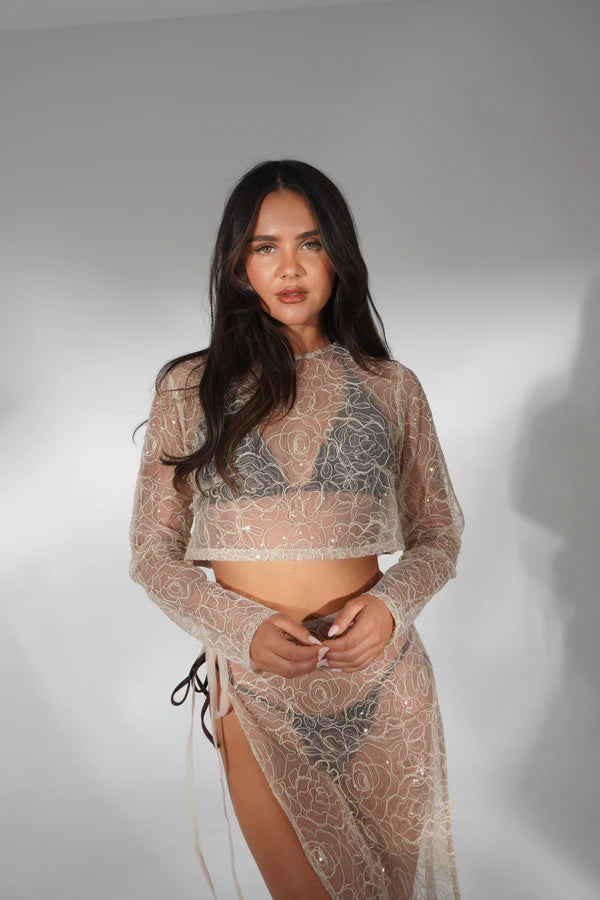 Lacey Co-ord Set in nude lace with long sleeves and high slit skirt — Deme Studio | Endless UAE