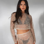 Lacey Co-ord Set in nude lace with long sleeves and high slit skirt — Deme Studio | Endless UAE