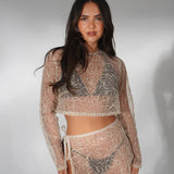 Lacey Co-ord Set in nude lace with long sleeves and high slit skirt — Deme Studio | Endless UAE
