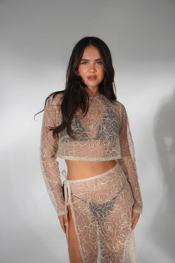 Lacey Co-ord Set in nude lace with long sleeves and high slit skirt — Deme Studio | Endless UAE