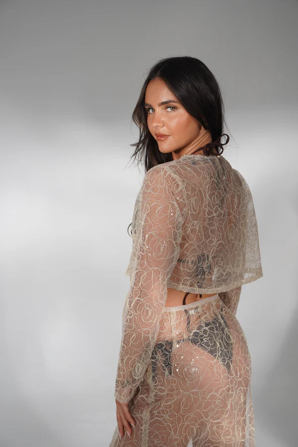 Lacey Co-ord Set in nude lace with long sleeves and high slit skirt — Deme Studio | Endless UAE