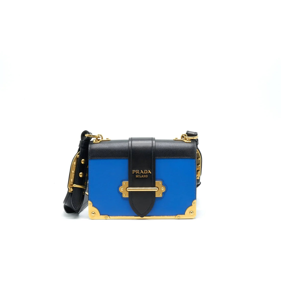 Blue and black leather Prada Cahier crossbody bag with gold hardware and chain strap — Prada | Endless UAE