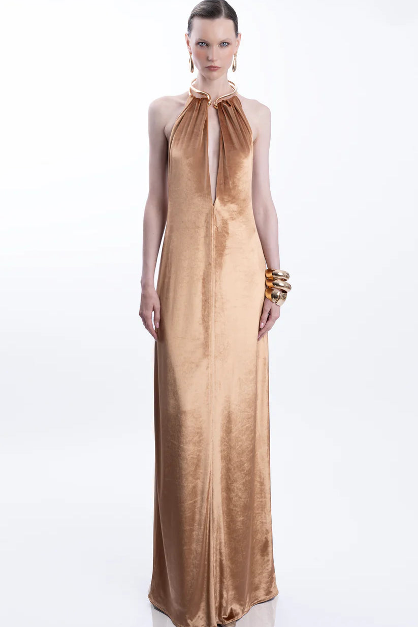 Gold halter neck velvet maxi dress with draped neckline — Lediel | Endless UAE