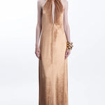 Gold halter neck velvet maxi dress with draped neckline — Lediel | Endless UAE