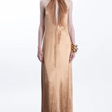 Gold halter neck velvet maxi dress with draped neckline — Lediel | Endless UAE