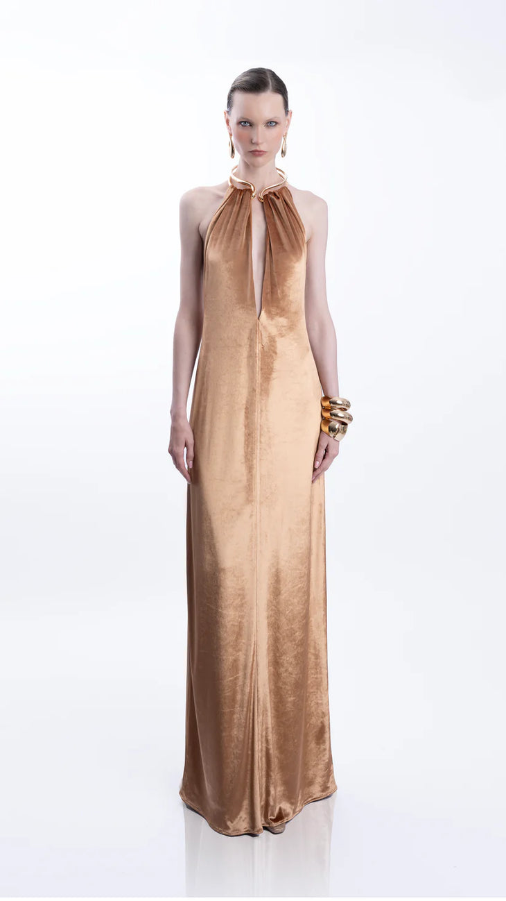 Gold halter neck velvet maxi dress with draped neckline — Lediel | Endless UAE