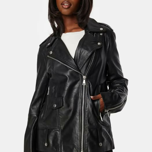 Black leather Madison jacket with zip front and collar detail on model — Selected Femme | Endless UAE