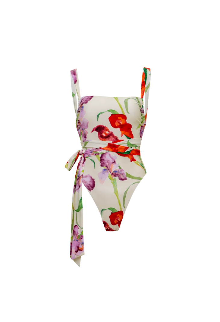 Floral wrap co-ord set with vibrant red and purple flowers on white — Sydney Lane | Endless UAE
