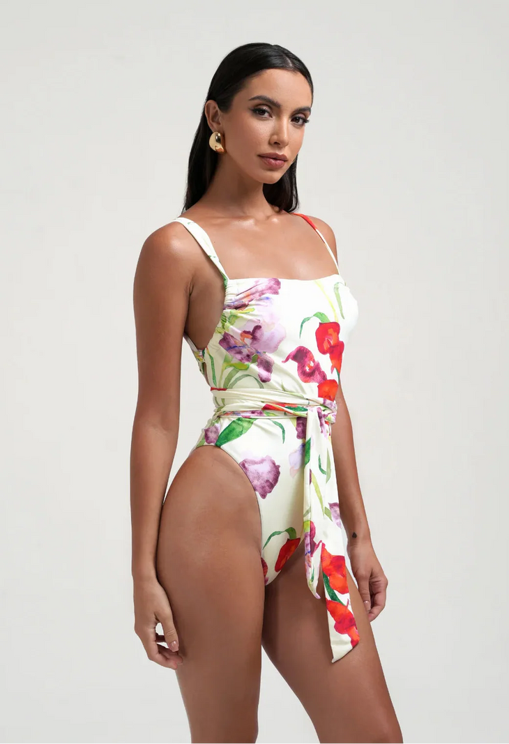 Floral wrap co-ord set with vibrant red and purple flowers on white — Sydney Lane | Endless UAE