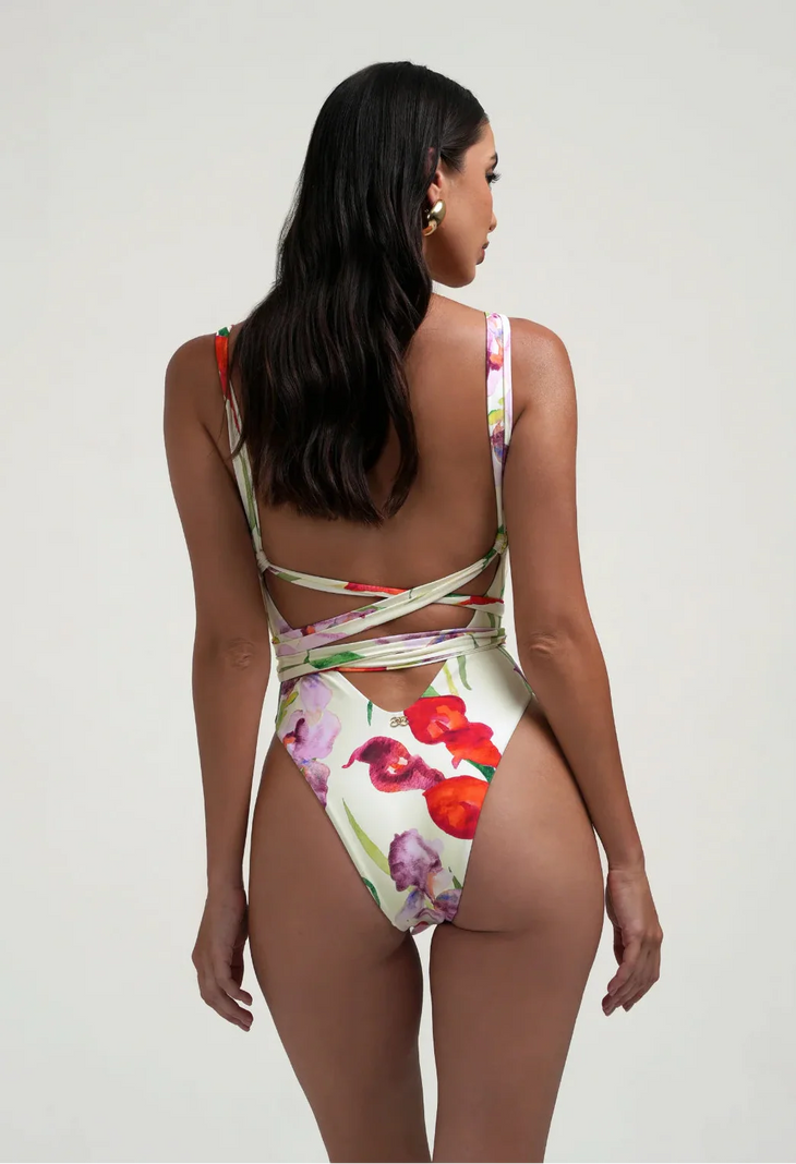 Floral wrap co-ord set with vibrant red and purple flowers on white — Sydney Lane | Endless UAE