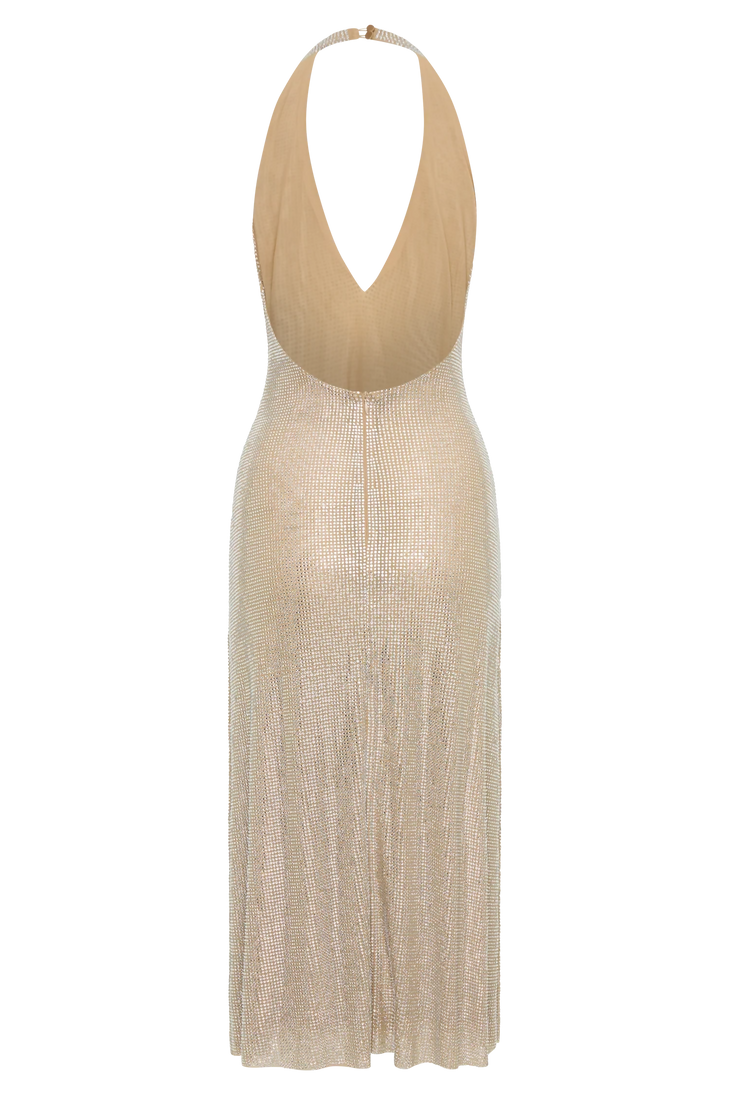 Champagne sequin halter midi dress with plunging neckline — Endless | Endless UAE