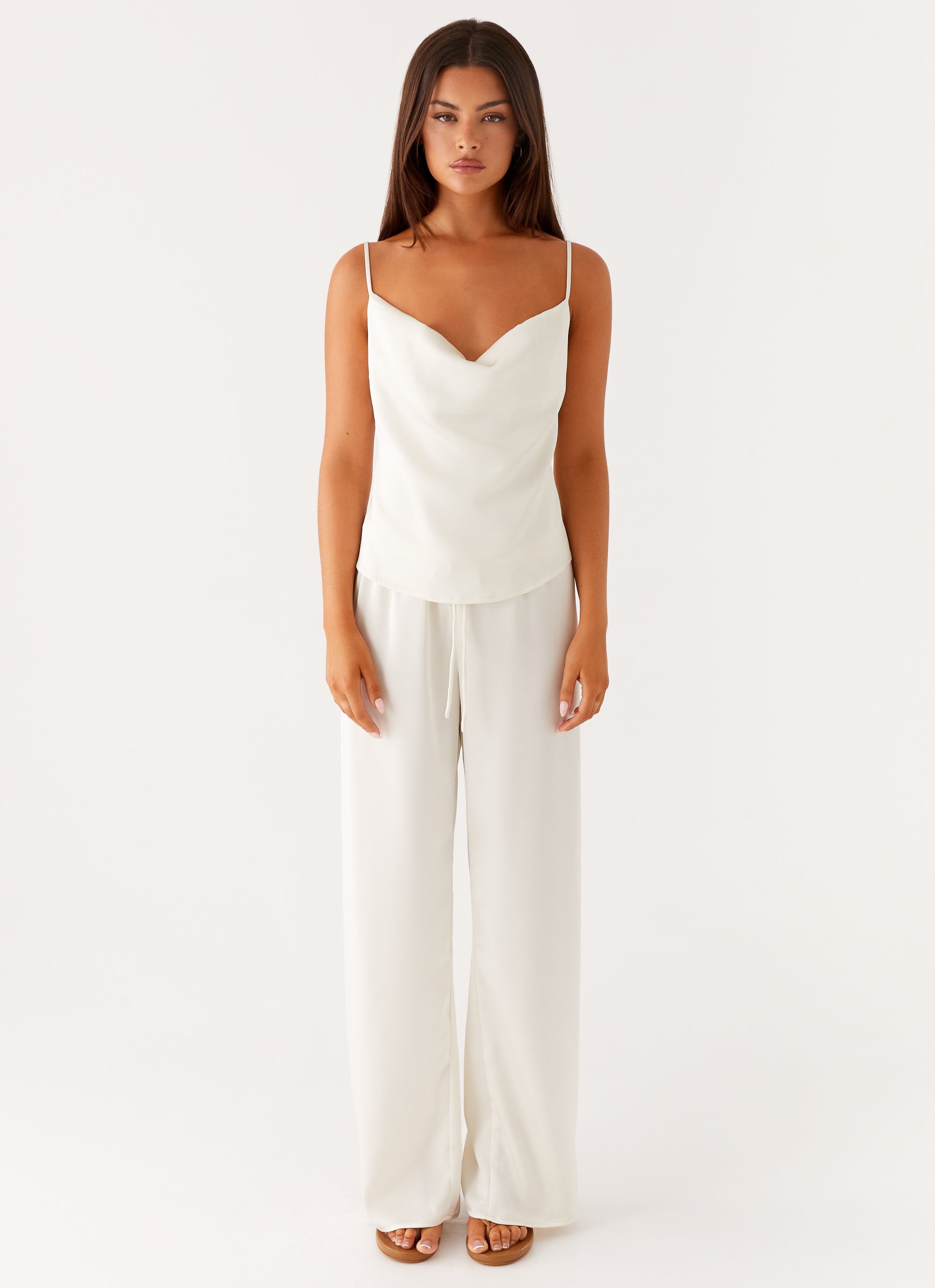 Cream low rise wide leg pants with drawstring waist — Peppermayo | Endless UAE