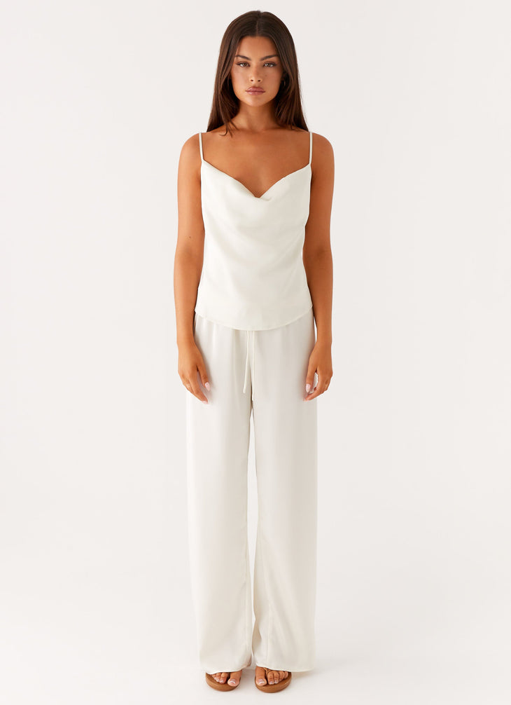 Cream low rise wide leg pants with drawstring waist — Peppermayo | Endless UAE