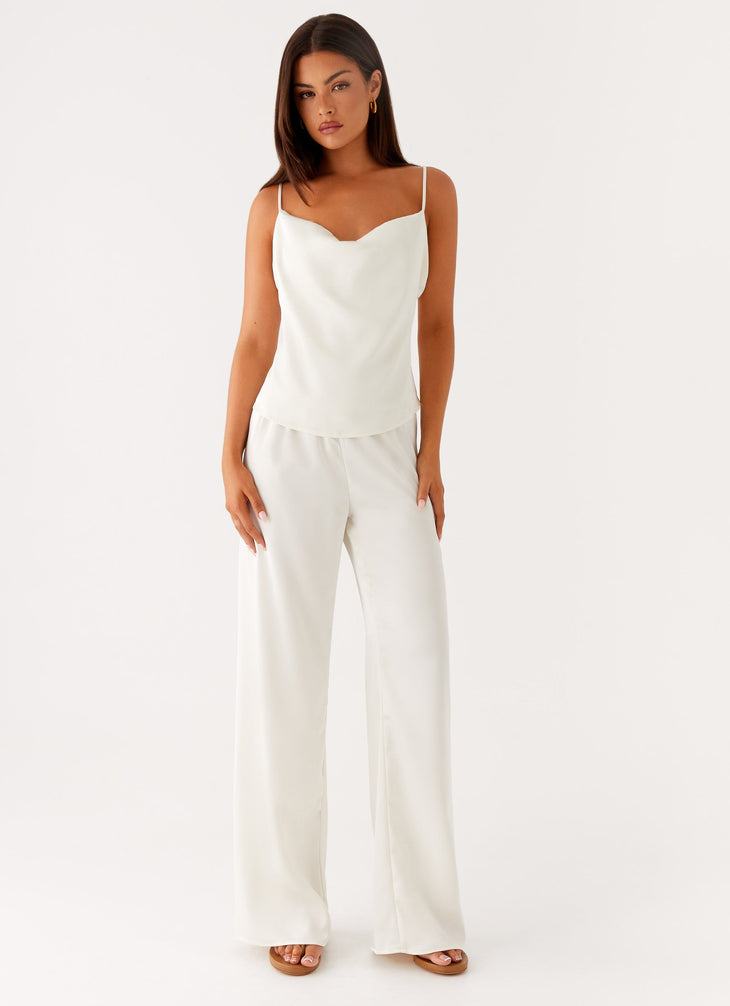 Cream low rise wide leg pants with drawstring waist — Peppermayo | Endless UAE