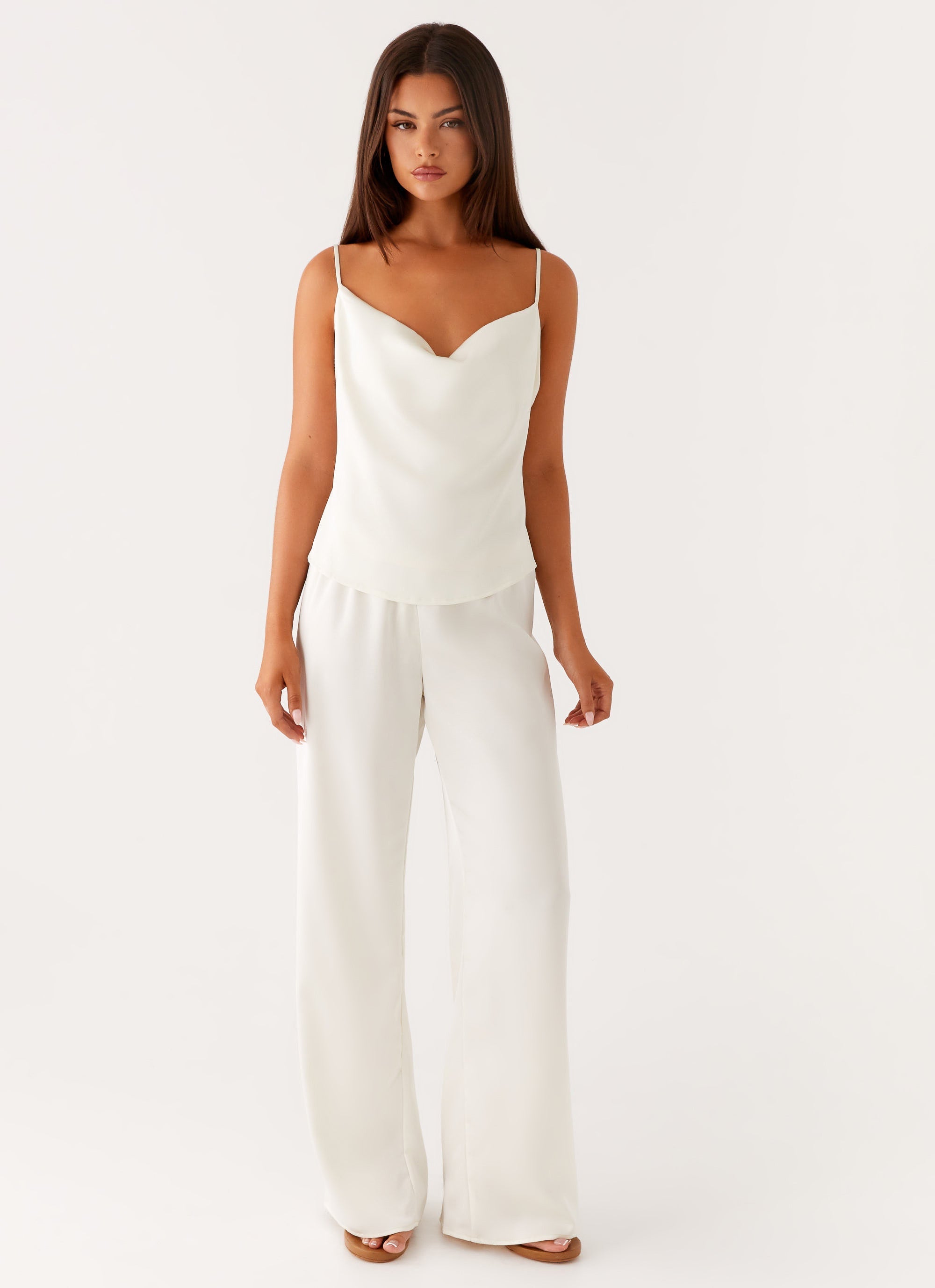 Cream low rise wide leg pants with drawstring waist — Peppermayo | Endless UAE