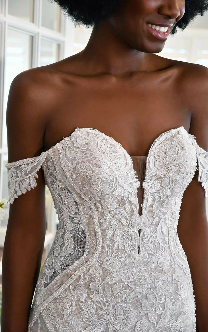 Off-the-shoulder lace fit-and-flare wedding dress with intricate beaded bodice and plunging neckline — Essense of Australia | Endless UAE