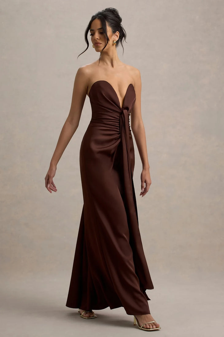 Elegant strapless brown satin maxi dress with plunging neckline and side draping detail — Club L London | Endless UAE
