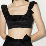 Black linen cropped top with ruffled shoulder straps and square neckline — Zimmermann | Endless UAE