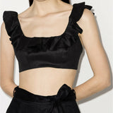 Black linen cropped top with ruffled shoulder straps and square neckline — Zimmermann | Endless UAE