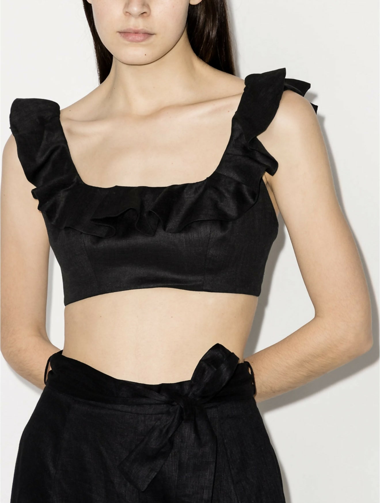 Black linen cropped top with ruffled shoulder straps and square neckline — Zimmermann | Endless UAE