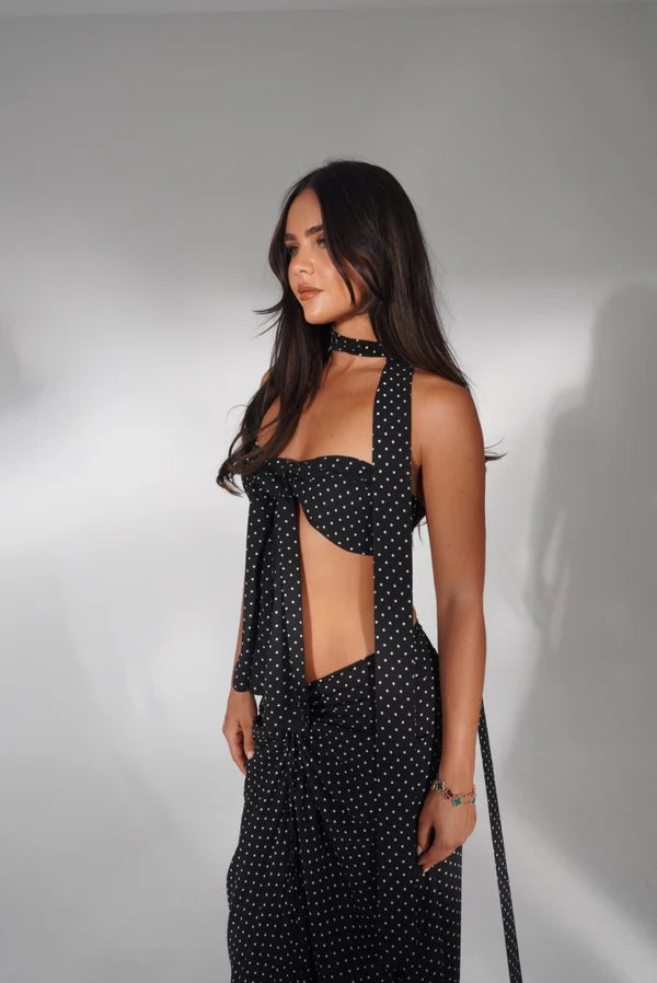 Black polka dot halter neck co-ord set with cutout detail — Deme Studio | Endless UAE