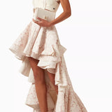 Ruffled High-low Skirt in Rose-print Fabric
