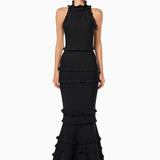 Black sleeveless ruffle gown with tiered skirt and high neckline — ELLIATT | Endless UAE