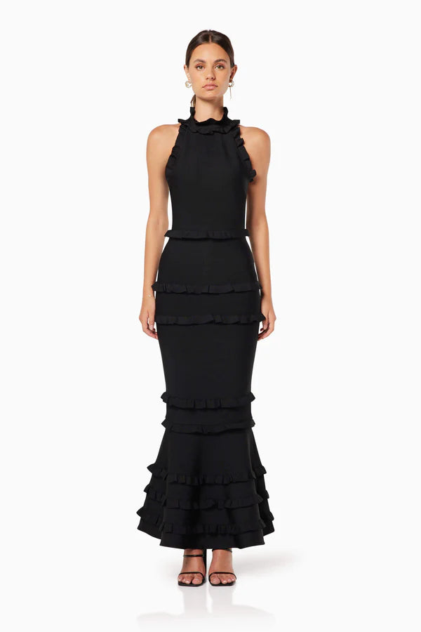 Black sleeveless ruffle gown with tiered skirt and high neckline — ELLIATT | Endless UAE