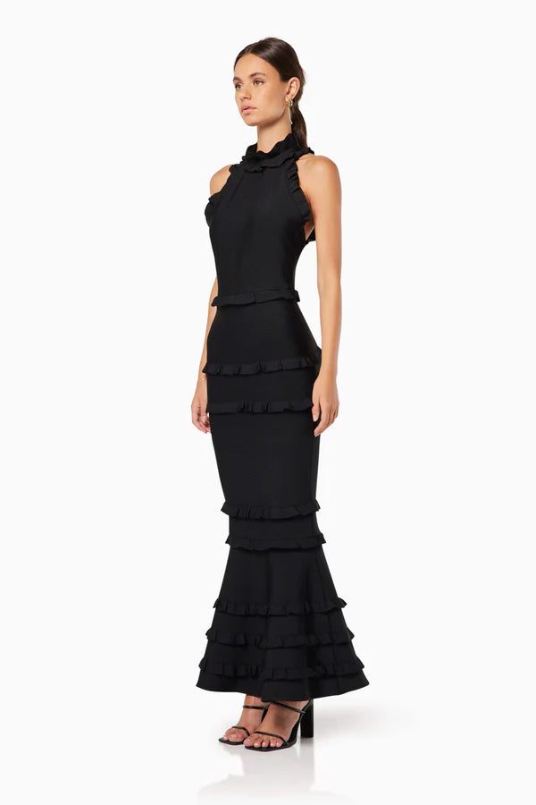 Black sleeveless ruffle gown with tiered skirt and high neckline — ELLIATT | Endless UAE