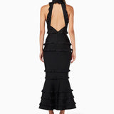 Black sleeveless ruffle gown with tiered skirt and high neckline — ELLIATT | Endless UAE