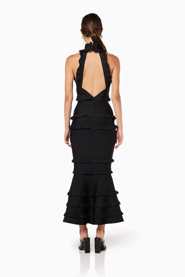 Black sleeveless ruffle gown with tiered skirt and high neckline — ELLIATT | Endless UAE