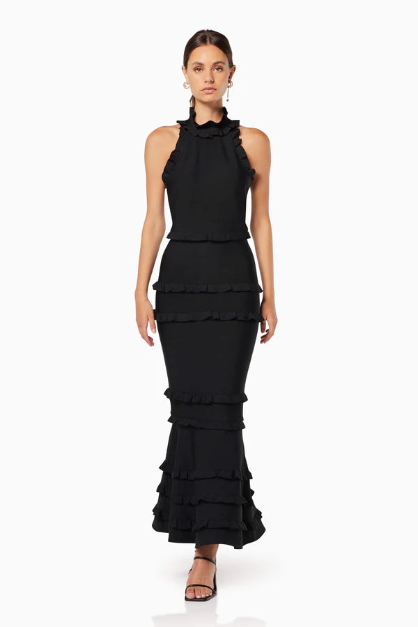 Black sleeveless ruffle gown with tiered skirt and high neckline — ELLIATT | Endless UAE