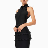 Black sleeveless ruffle gown with tiered skirt and high neckline — ELLIATT | Endless UAE